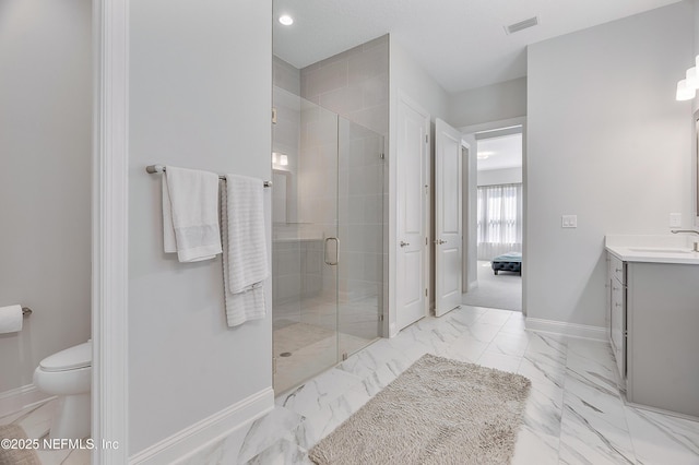 144 Waverly Way, Saint Johns, FL 32259 - ensuite bathroom featuring baseboards, a shower stall, vanity, toilet, and marble finish flooring