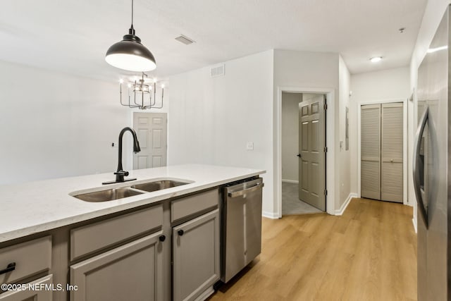 2330 Golden Lake Loop, Saint Augustine, FL 32084 - kitchen featuring appliances with stainless steel finishes, a sink, gray cabinetry, decorative light fixtures, and light wood finished floors