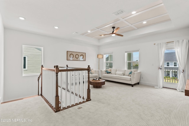 living area with carpet flooring, recessed lighting, baseboards, and ceiling fan