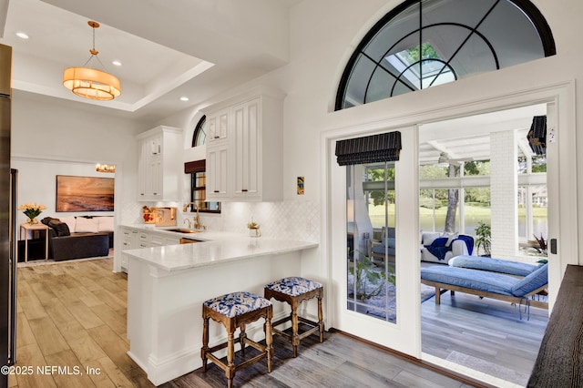 108 Spanish Moss Ln, Ponte Vedra Beach, FL 32082 - kitchen featuring white cabinets, light wood-style flooring, decorative backsplash, a sink, and recessed lighting