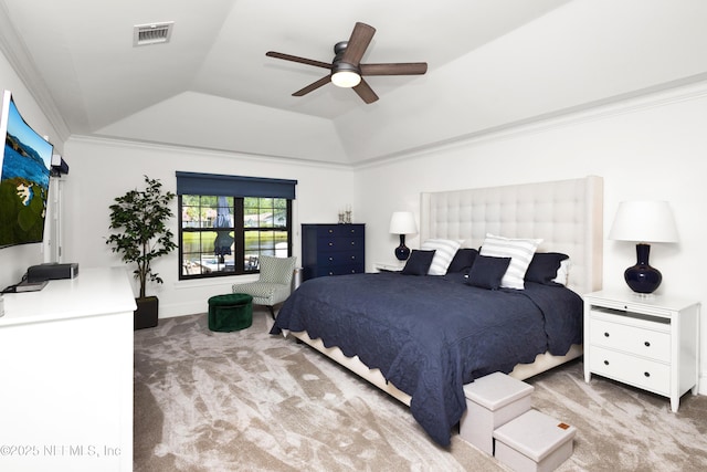 108 Spanish Moss Ln, Ponte Vedra Beach, FL 32082 - carpeted bedroom featuring a tray ceiling, ornamental molding, a ceiling fan, and lofted ceiling