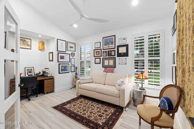 33 Loggerhead Ln, Ponte Vedra Beach, FL 32082 - office area with plenty of natural light, a ceiling fan, light wood finished floors, recessed lighting, and lofted ceiling