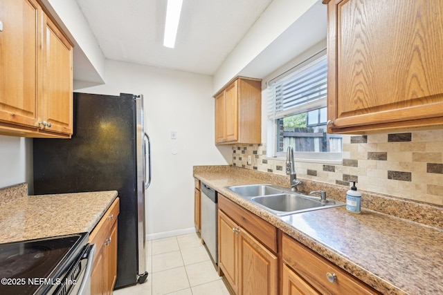 4813 Cherwell Ln Unit B-4-C, Jacksonville, FL 32217 - kitchen with a sink, decorative backsplash, range with electric cooktop, light tile patterned flooring, and stainless steel dishwasher