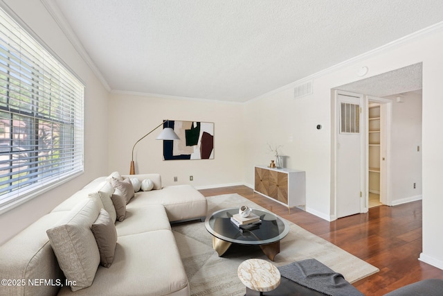 4813 Cherwell Ln Unit B-4-C, Jacksonville, FL 32217 - living room featuring a textured ceiling, wood finished floors, ornamental molding, and baseboards