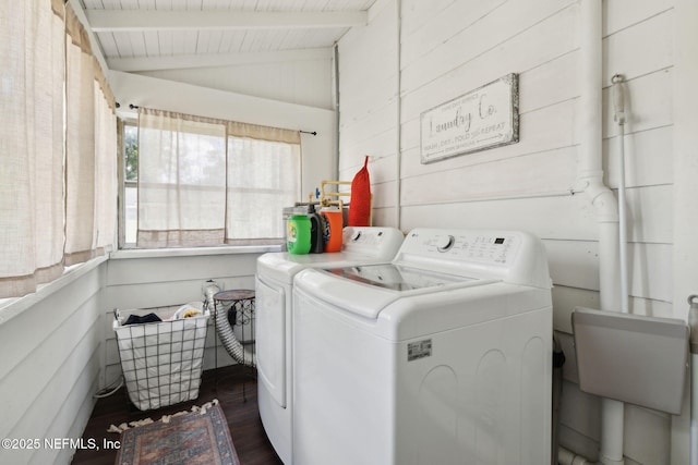 1267 Murray Dr, Jacksonville, FL 32205 - washroom with independent washer and dryer, dark wood-type flooring, wood walls, and wooden ceiling