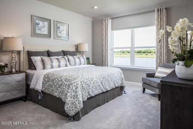 bedroom with carpet floors, baseboards, and a textured ceiling