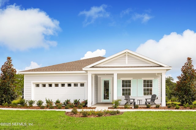 view of front facade featuring a porch, an attached garage, and a front lawn