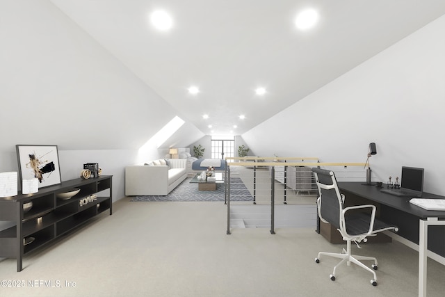 office area with carpet, vaulted ceiling, and recessed lighting