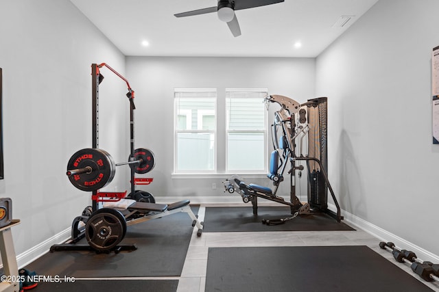 workout room featuring a ceiling fan, baseboards, and recessed lighting