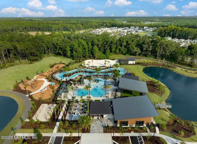 aerial view of a forest, a large body of water, and a pool