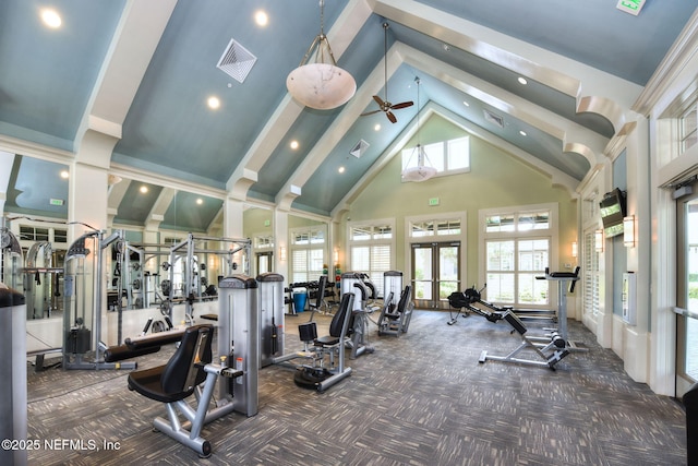 workout area featuring high vaulted ceiling, carpet floors, and a ceiling fan