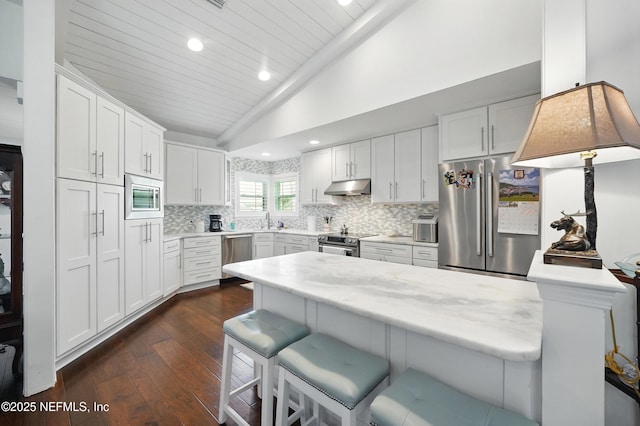 39 Walkers Ridge Dr, Ponte Vedra Beach, FL 32082 - kitchen featuring stainless steel appliances, under cabinet range hood, lofted ceiling, dark wood-style floors, and a kitchen bar