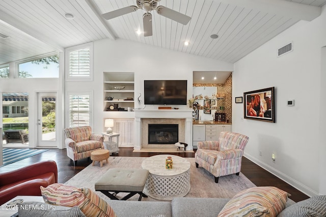 39 Walkers Ridge Dr, Ponte Vedra Beach, FL 32082 - living area with high vaulted ceiling, wood finished floors, a ceiling fan, a premium fireplace, and baseboards