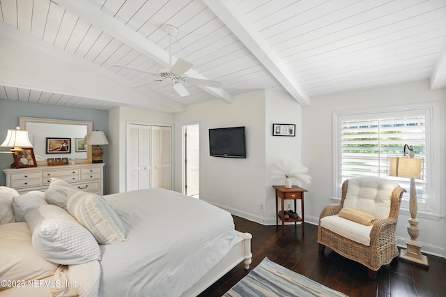 39 Walkers Ridge Dr, Ponte Vedra Beach, FL 32082 - bedroom with baseboards, wood-type flooring, a ceiling fan, a closet, and wooden ceiling