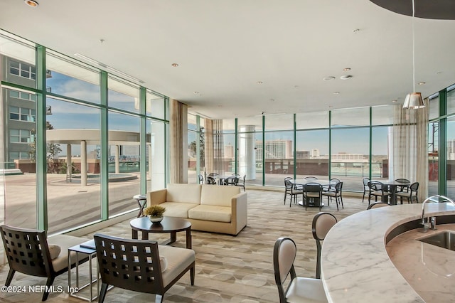 living area with expansive windows
