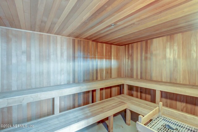 relaxing sauna featuring wooden ceiling and wooden walls