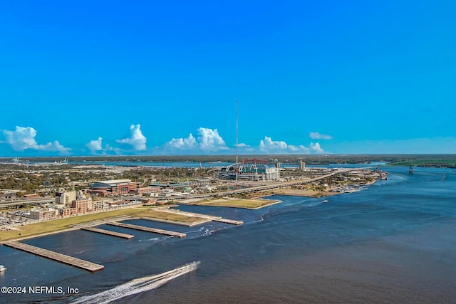 drone / aerial view of a large body of water and a notable bridge