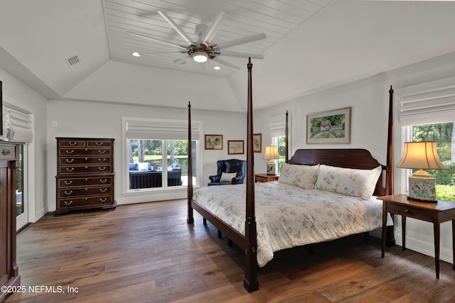 bedroom with lofted ceiling, multiple windows, wood finished floors, ceiling fan, and recessed lighting
