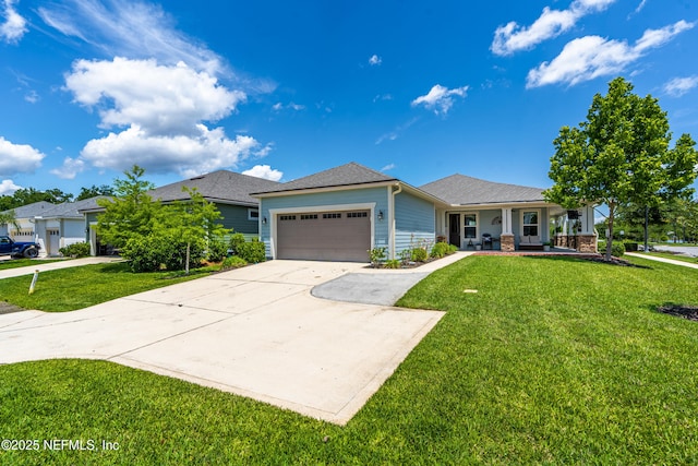 929 Keystone Corners Blvd, Saint Johns, FL 32259 - ranch-style home featuring an attached garage, concrete driveway, a front lawn, a porch, and roof with shingles