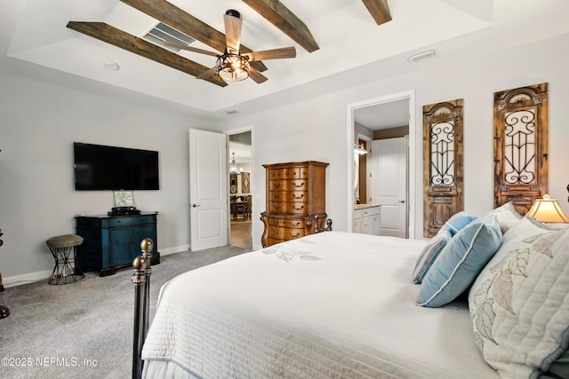 929 Keystone Corners Blvd, Saint Johns, FL 32259 - carpeted bedroom with baseboards, beamed ceiling, ceiling fan, a raised ceiling, and ensuite bathroom