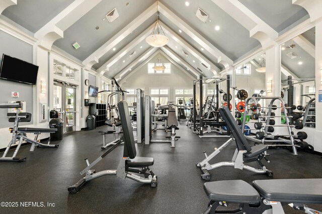 929 Keystone Corners Blvd, Saint Johns, FL 32259 - exercise room with high vaulted ceiling, beamed ceiling, and recessed lighting