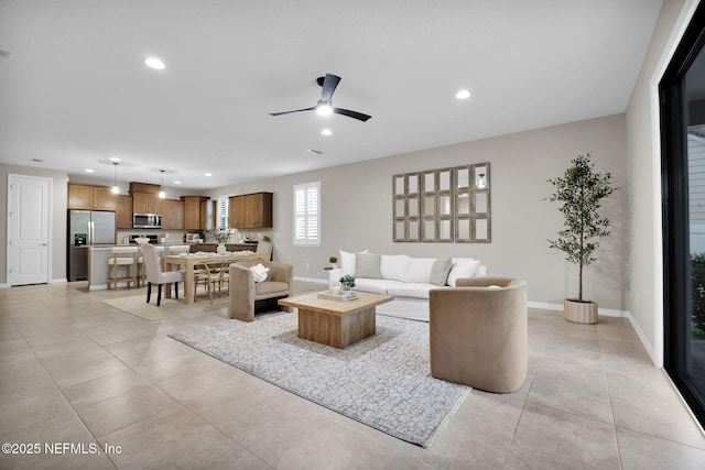 221 Broomsedge Cir, Saint Augustine, FL 32095 - living area with recessed lighting, a ceiling fan, baseboards, and light tile patterned flooring