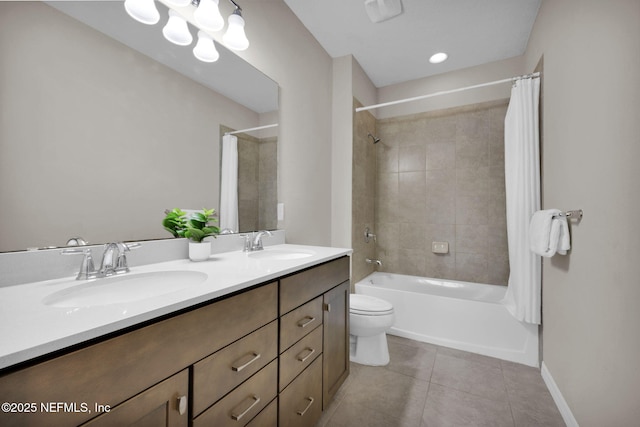 221 Broomsedge Cir, Saint Augustine, FL 32095 - bathroom with shower / tub combo, double vanity, toilet, tile patterned floors, and baseboards
