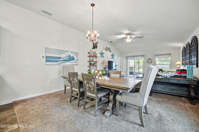 499 Ashby Landing Way, Saint Augustine, FL 32086 - dining space featuring ceiling fan, lofted ceiling, baseboards, wood finished floors, and a chandelier
