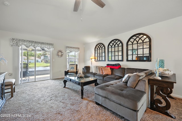 499 Ashby Landing Way, Saint Augustine, FL 32086 - living room featuring carpet, ceiling fan, and baseboards