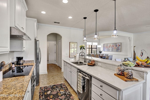 13527 Isla Vista Dr, Jacksonville, FL 32224 - kitchen with stainless steel appliances, under cabinet range hood, arched walkways, a sink, and white cabinetry