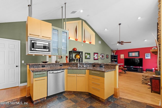 224 Bowles St, Neptune Beach, FL 32266 - kitchen featuring appliances with stainless steel finishes, open floor plan, ceiling fan, a sink, and high vaulted ceiling
