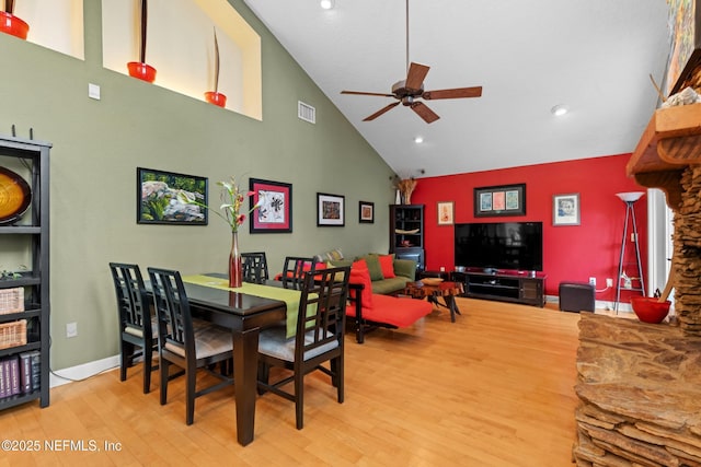 224 Bowles St, Neptune Beach, FL 32266 - dining area with high vaulted ceiling, a ceiling fan, wood finished floors, recessed lighting, and baseboards