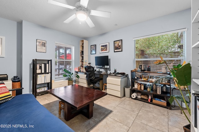 224 Bowles St, Neptune Beach, FL 32266 - living area featuring an office area, ceiling fan, and light tile patterned flooring
