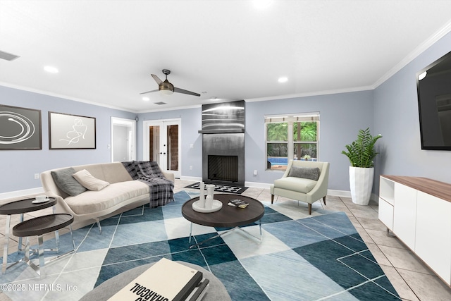 224 Bowles St, Neptune Beach, FL 32266 - living room with crown molding, a fireplace, recessed lighting, a ceiling fan, and baseboards