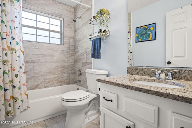 952 Long Lake Dr, Jacksonville, FL 32225 - full bathroom featuring shower / bath combo, toilet, vanity, and marble look tile flooring