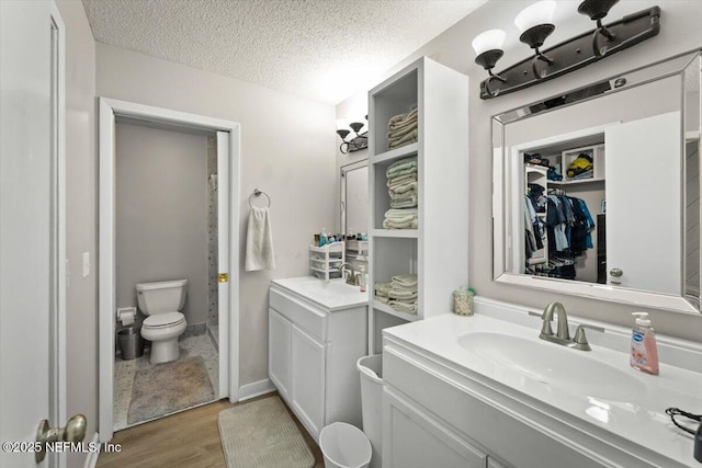 2438 Sylvan Chase Dr, Orange Park, FL 32073 - bathroom with wood finished floors, vanity, a shower with curtain, a textured ceiling, and toilet