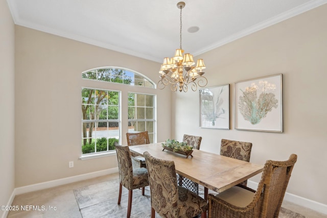 2214 Links Dr, Fleming Island, FL 32003 - dining space featuring light colored carpet, ornamental molding, a chandelier, and baseboards