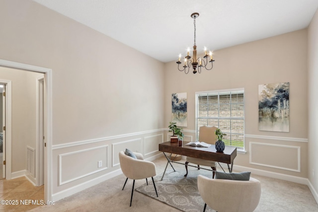 2214 Links Dr, Fleming Island, FL 32003 - home office with a chandelier, carpet floors, and a decorative wall