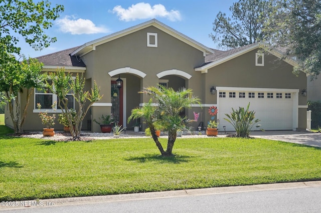 4956 Cypress Links Blvd, Elkton, FL 32033 - view of front of property with stucco siding, a garage, roof with shingles, and a front lawn