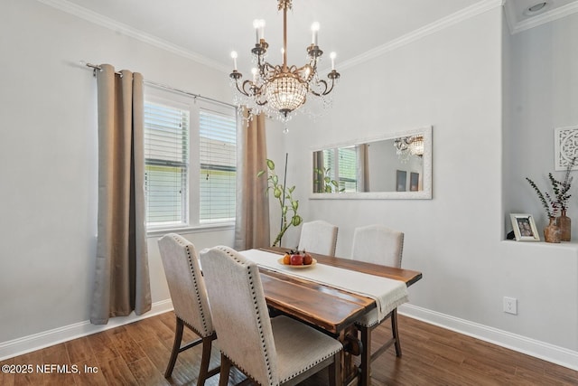 4956 Cypress Links Blvd, Elkton, FL 32033 - dining space featuring a chandelier, wood finished floors, baseboards, and ornamental molding