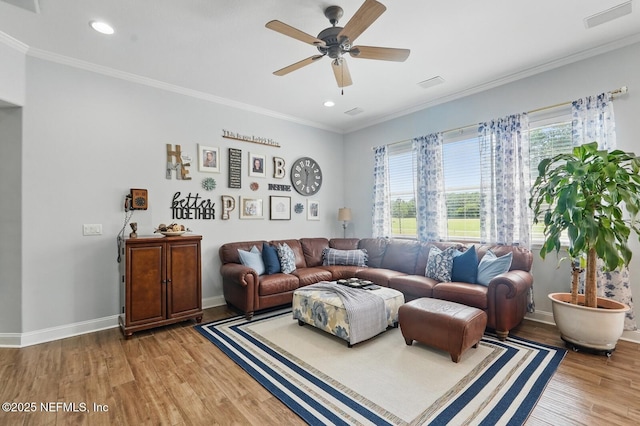 4956 Cypress Links Blvd, Elkton, FL 32033 - living area with light wood-type flooring, recessed lighting, crown molding, a ceiling fan, and baseboards