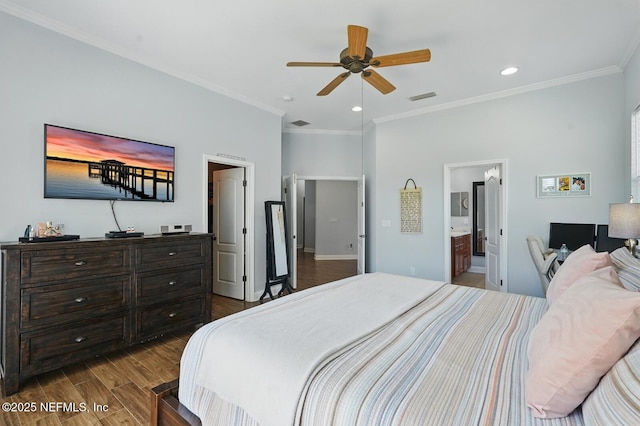 4956 Cypress Links Blvd, Elkton, FL 32033 - bedroom featuring dark wood-style flooring, ornamental molding, recessed lighting, baseboards, and connected bathroom
