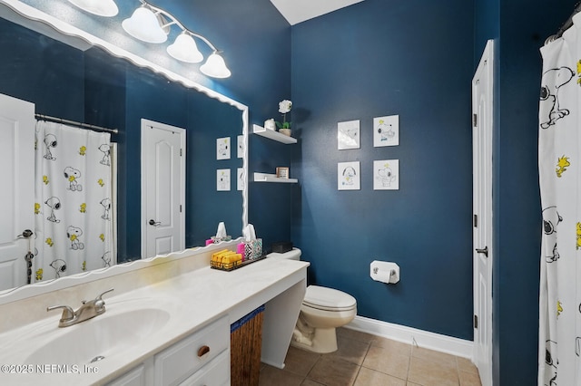 4956 Cypress Links Blvd, Elkton, FL 32033 - bathroom featuring toilet, vanity, tile patterned flooring, baseboards, and curtained shower