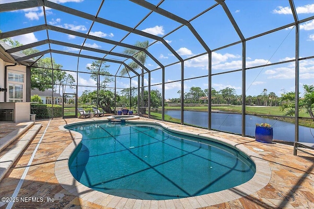201 Royal Tern Rd N, Ponte Vedra Beach, FL 32082 - view of swimming pool featuring a water view, a patio, a pool with connected hot tub, and glass enclosure