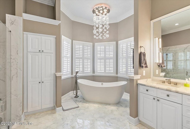 201 Royal Tern Rd N, Ponte Vedra Beach, FL 32082 - full bath featuring a soaking tub, vanity, ornamental molding, a shower stall, and baseboards