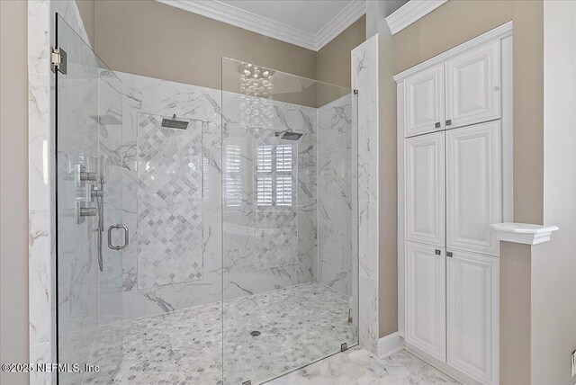201 Royal Tern Rd N, Ponte Vedra Beach, FL 32082 - bathroom with marble finish floors, a marble finish shower, ornamental molding, baseboards, and a closet