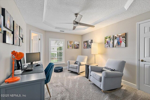 201 Royal Tern Rd N, Ponte Vedra Beach, FL 32082 - home office with a textured ceiling, carpet floors, a ceiling fan, and baseboards