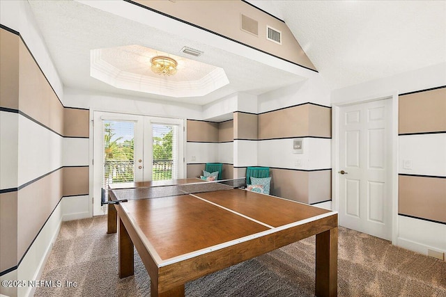 201 Royal Tern Rd N, Ponte Vedra Beach, FL 32082 - playroom featuring carpet floors, french doors, vaulted ceiling, and a textured ceiling