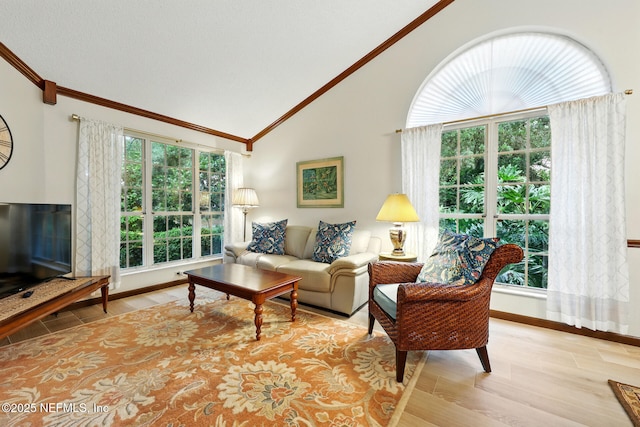1917 Lakeside Dr S, Fernandina Beach, FL 32034 - living room with wood finished floors, high vaulted ceiling, baseboards, and crown molding