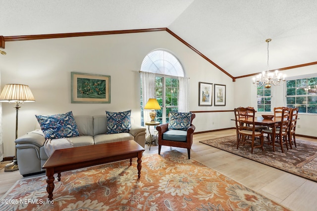 1917 Lakeside Dr S, Fernandina Beach, FL 32034 - living room with wood finished floors, a chandelier, plenty of natural light, vaulted ceiling, and baseboards